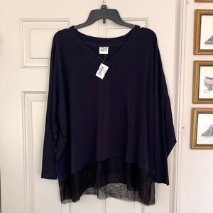 Planet by Lauren G Navy Microfiber Mesh Blouse NWT